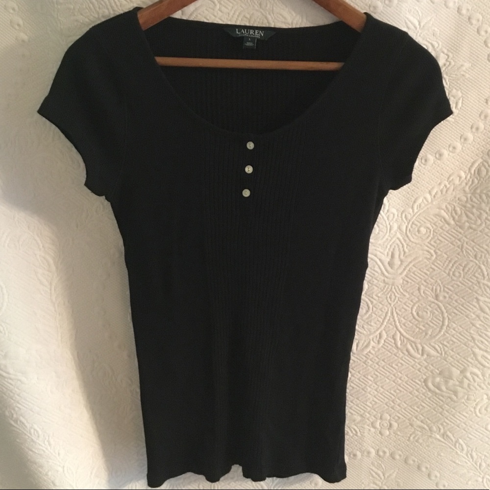 Ralph Lauren Black Ribbed Cap-Sleeve Sweater Sz L